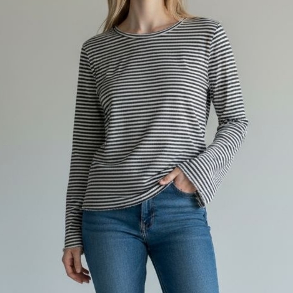 Nili Lotan Gray and White Striped Long Sleeve Tee, Small, Cotton.